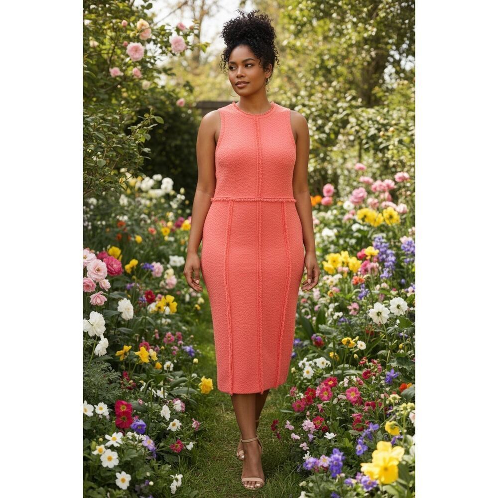 BOSS Hugo Fovina Knitted Tweed Sleevless Dress Coral Sz XXL MSRP $398